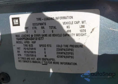 2003 Buick Lesabre Custom из США, поврежденный, VIN 1G4HP52K434131077